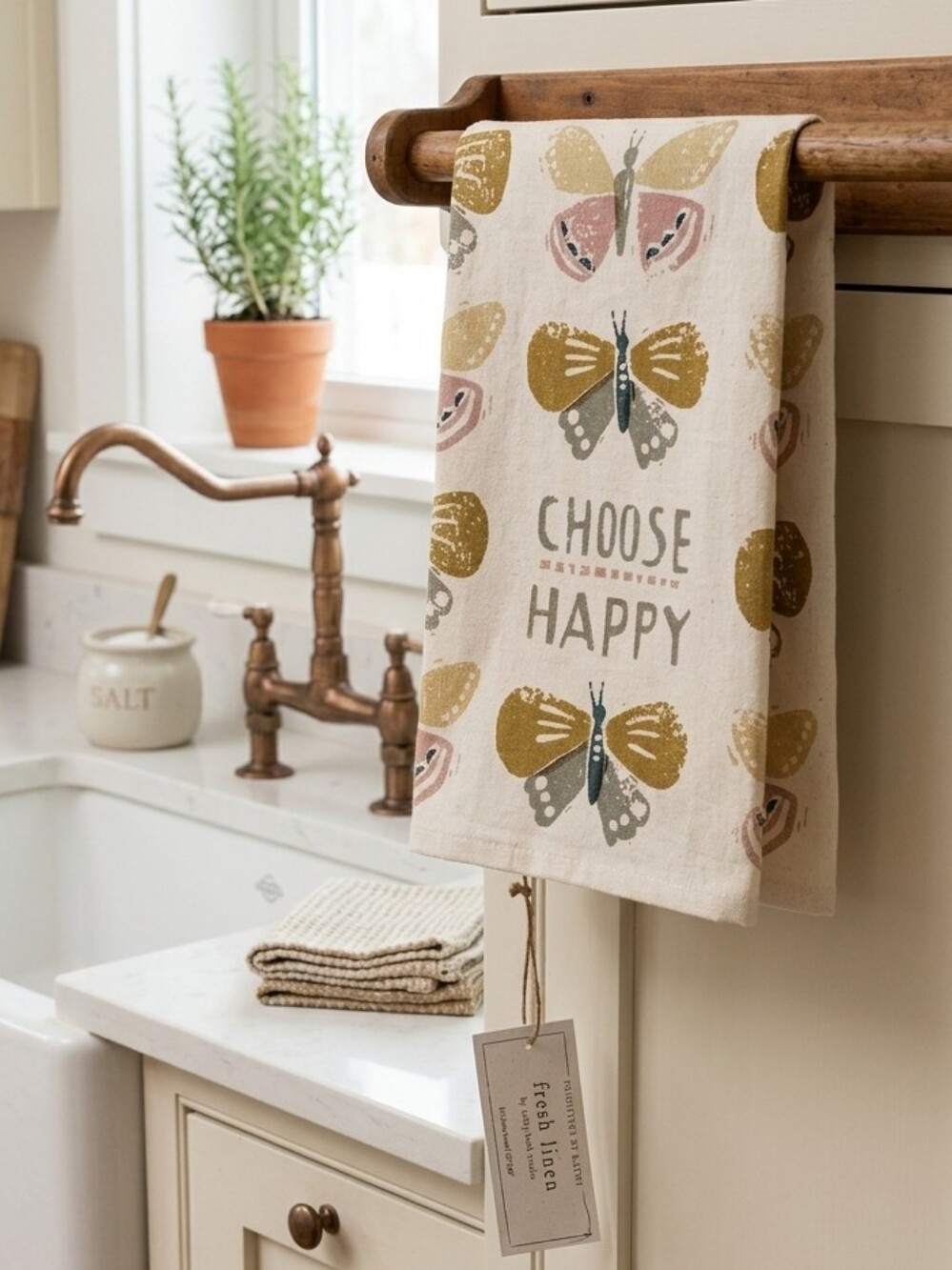Primitives by Kathy  Butterfly Choose Happy Kitchen Towel - Neutral Brown Yellow